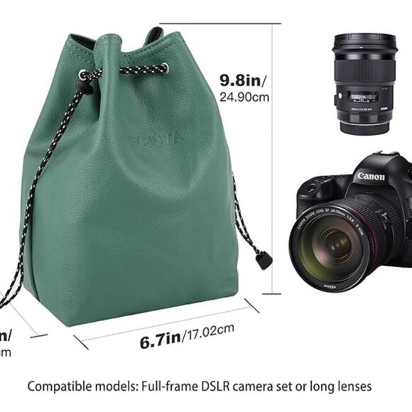Leather green padded camera lens bag purse water-resistant with strap - Picture 3 of 6